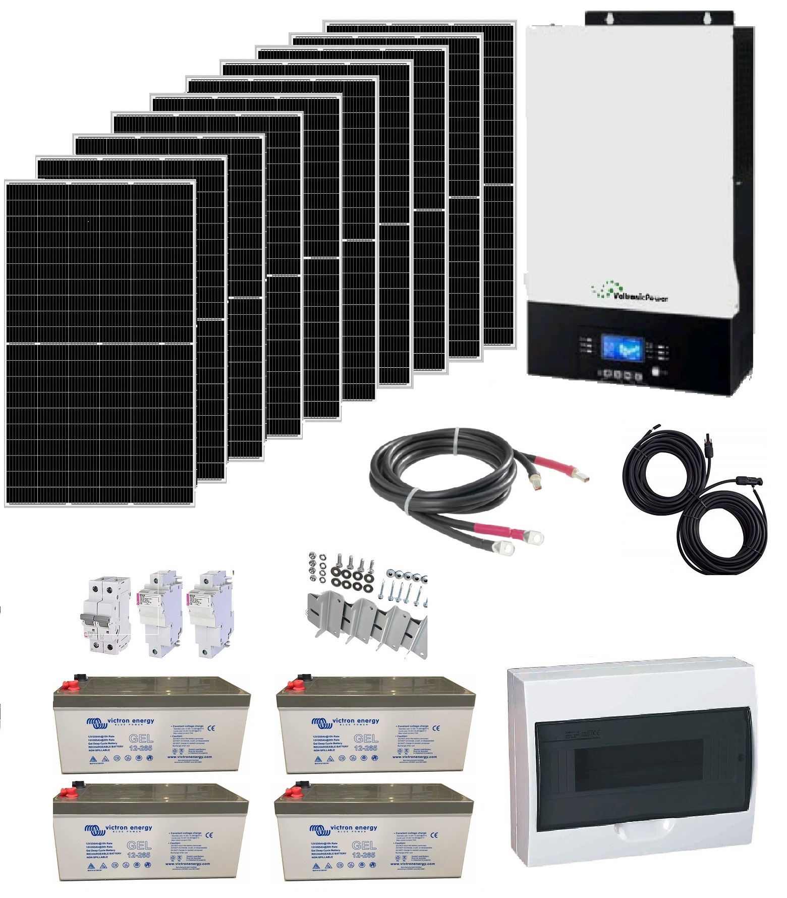Solární set Sunset Kombi 3850, 230V AC, panely 3850Wp, měnič 5000W, Gelové akumulátory 4x220Ah 10,56kWh, Kombi měnič MPPT s možností napojení sítě 230VAC nebo agregátu