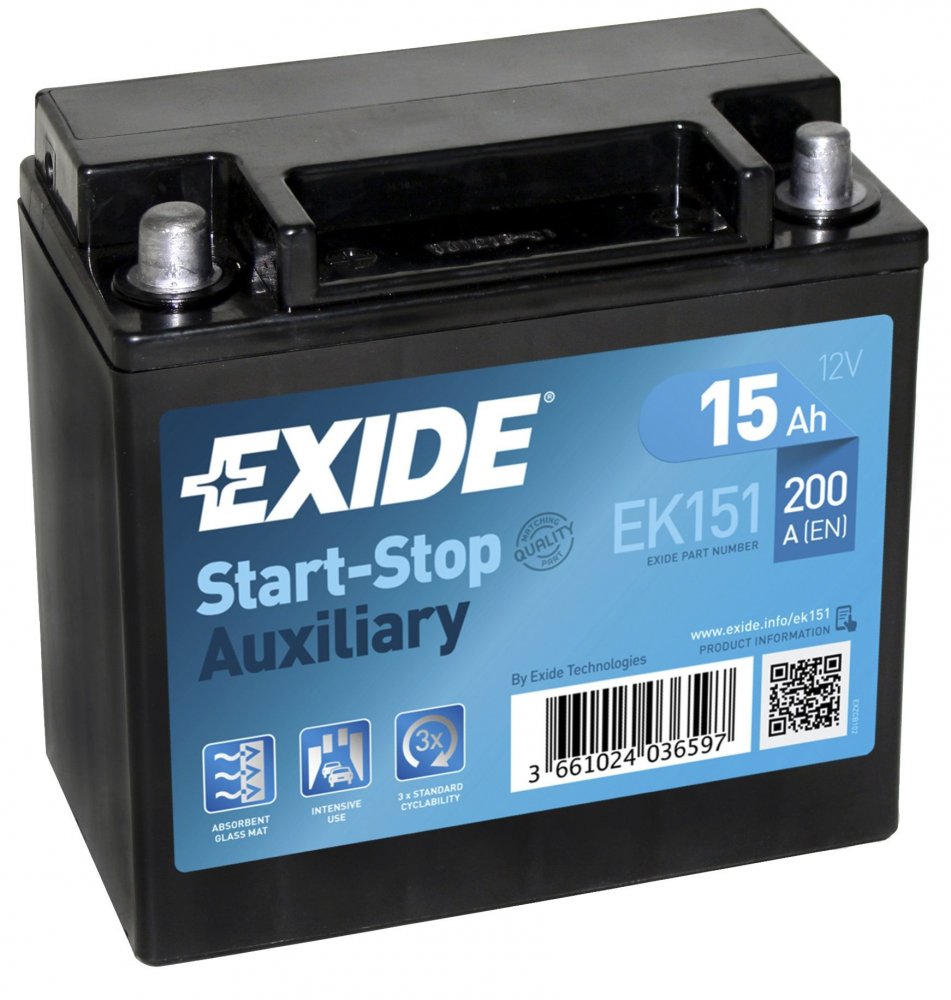 Záložní baterie EXIDE START-STOP AGM 15Ah, 12V, 200A, EK151