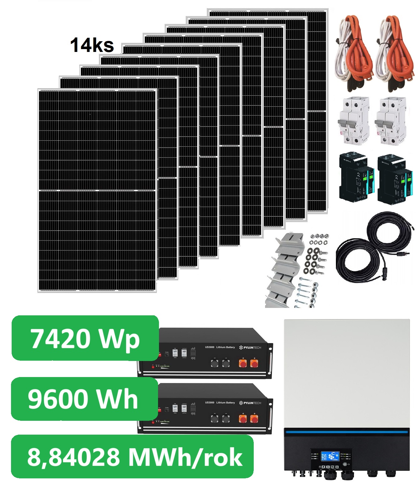 Solární set Kombi 7420 - 1f 230V  7420Wp/h  Lithiová baterie 9,6kWh, měnič 8000W kombi MPPT s možností napojení sítě 230VAC nebo agregátu