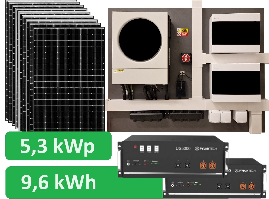Předpřipravený solární set Komfort 5300 - 1fázový  230V  5300Wp/h  Lithiová baterie 9,6kWh 5600W kombi MPPT s možností napojení sítě 230VAC nebo agregátu