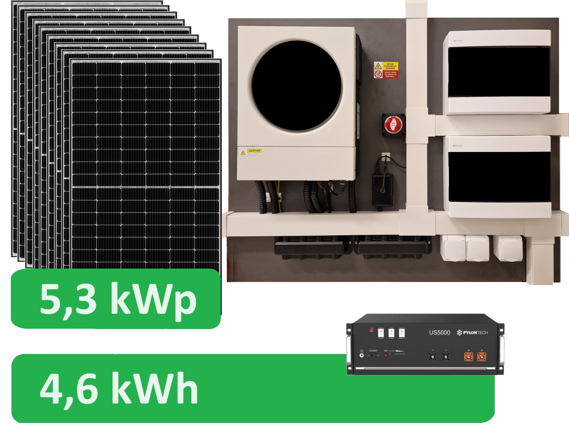 Předpřipravený solární set Komfort 5300 - 1fázový  230V  5300Wp/h  Lithiová baterie 4,8kWh 5600W kombi MPPT s možností napojení sítě 230VAC nebo agregátu