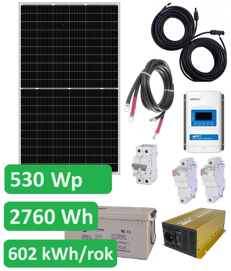 Ostrovní solární set Sunset 230V 50Hz 530Wp, 602kWh/rok, akumulátor AGM 2760Wh