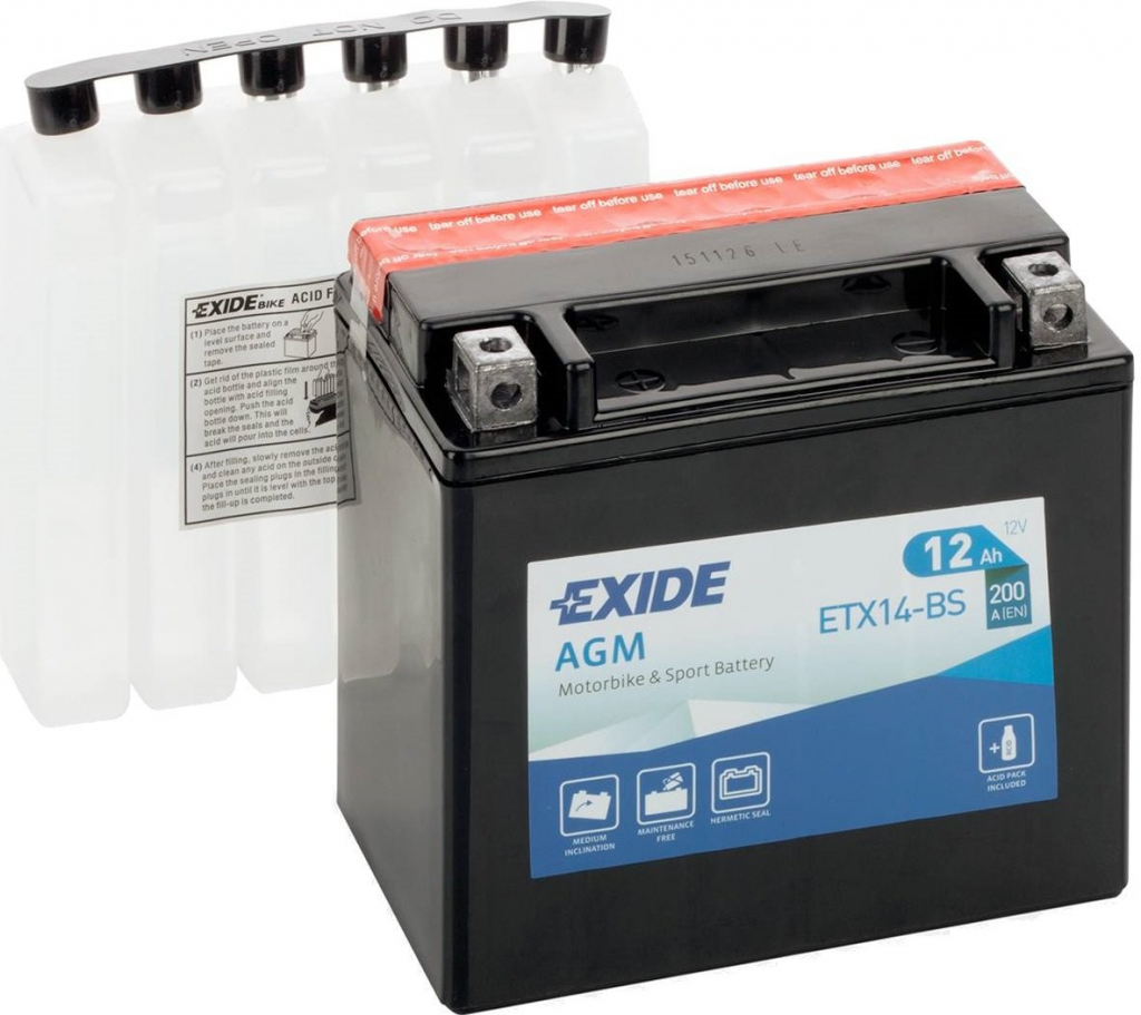 Motobaterie Exide ETX14-BS, 12V, 12Ah, 200A, Maintenance Free