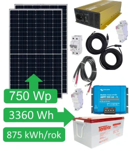 750Wp Ostrovní solární set Sunset 230V 50Hz 750Wp, 875 kWh/rok, akumulátor GEL 3180Wh