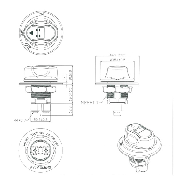 Bateriový spínač integrovaný SCI A23-6B, 50 V/DC, 50 A, s aretací (CON1491453)